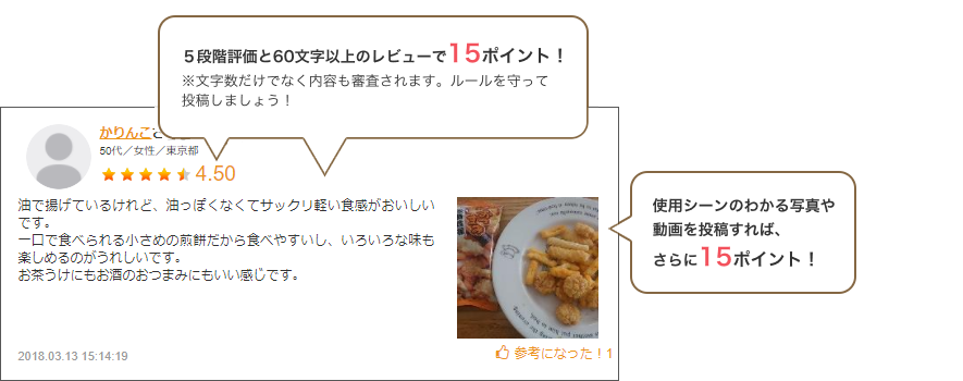 5段階評価と60文字以上のレビューで15ポイント!※文字数だけでなく内容も審査されます。ルールを守って投稿しましょう!使用シーンのわかる写真や動画を投稿すれば、さらに15ポイント!