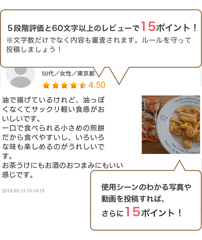 5段階評価と60文字以上のレビューで15ポイント!※文字数だけでなく内容も審査されます。ルールを守って投稿しましょう!使用シーンのわかる写真や動画を投稿すれば、さらに15ポイント!